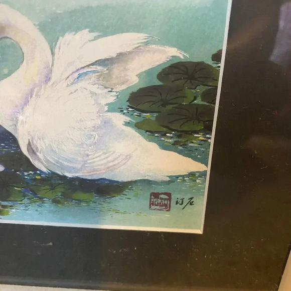 Watercolor Painting White Swans Lovers In Water Waterlily Artwork Framed 9”X11” - Picture 3 of 6